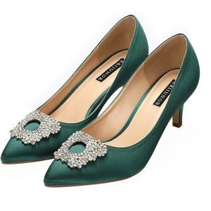ERIJUNOR Low Heel Satin Party/Dance Pumps in Emerald Green w/ Rhinestone Brooch